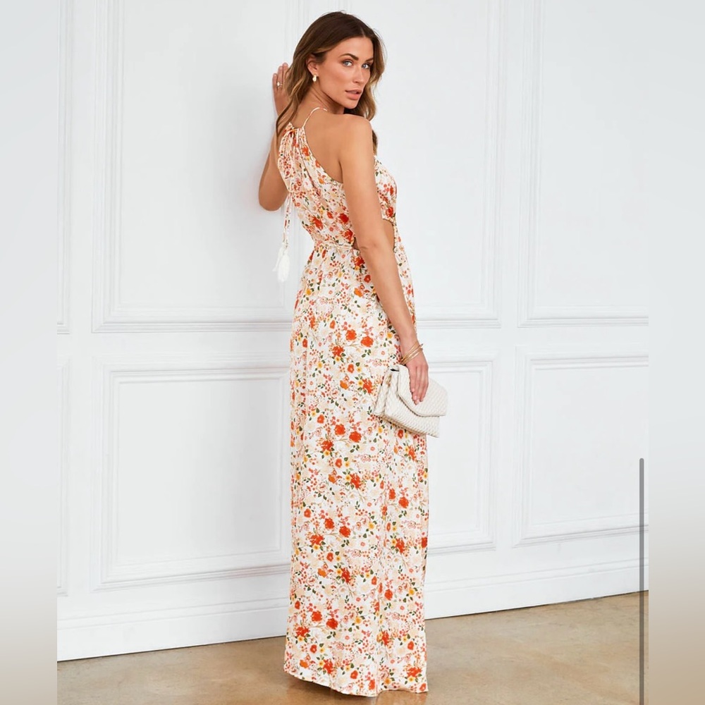 vici Salome floral satin cutout halter maxi dress